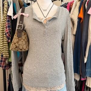 Coach Gray Long Sleeve Henley with Cream Lace Trim